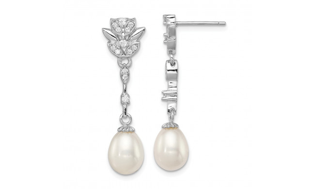 Quality Gold Sterling Silver RH 8-9mm White FWC Pearl CZ Post Dangle Earrings - QE12744