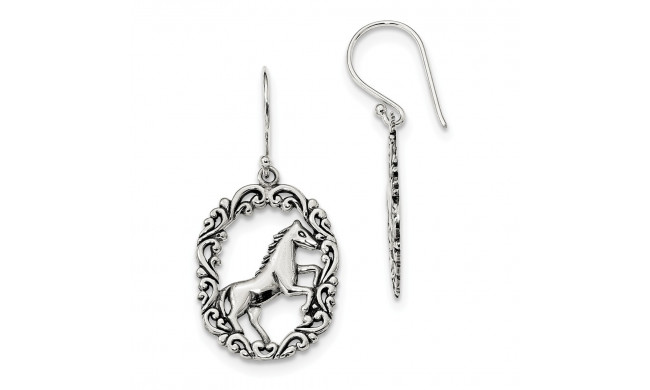 Quality Gold Sterling Silver Antiqued Horse Dangle Shepherds Hook Earrings - QE13513