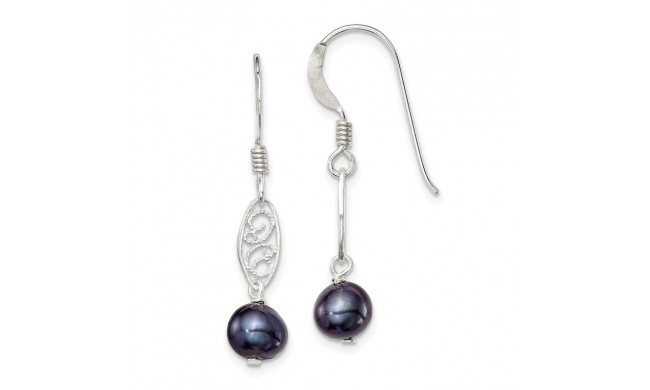 Quality Gold Sterling Silver Black FW Cultured Pearl Filigree Dangle Earrings - QE2003