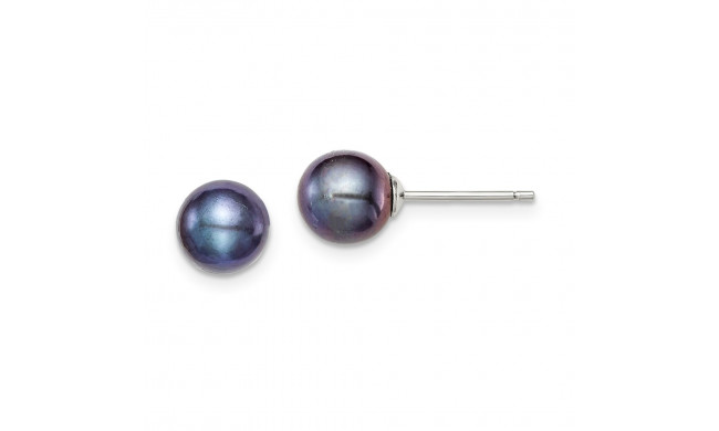 Quality Gold Sterling Silver 7-8mm Black FW Cultured Round Pearl Stud Earrings - QE12703