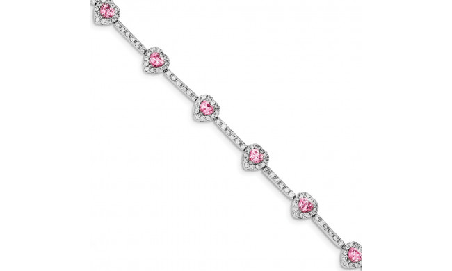 Quality Gold Sterling Silver 7inch Pink and Clear CZ Heart Bracelet - QX413CZ
