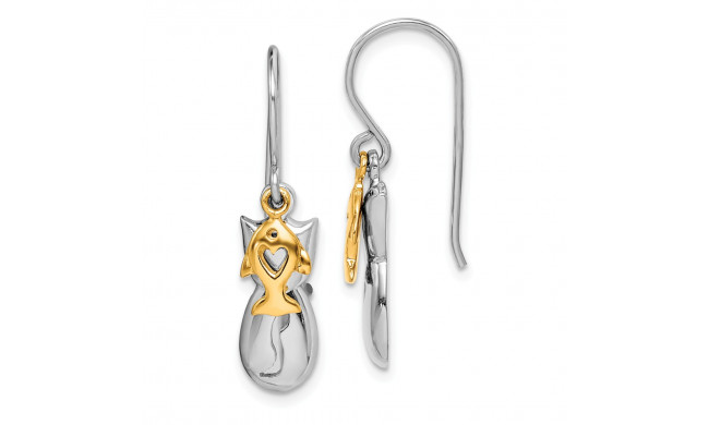 Quality Gold Sterling Silver Rhodium-plated Gold Tone Cat & Fish Dangle Earring - QE15287