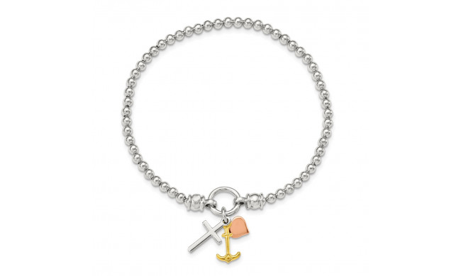 Quality Gold Sterling Silver Rose & Gold-tone Heart Cross Anchor Stretch Bracelet - QH5456
