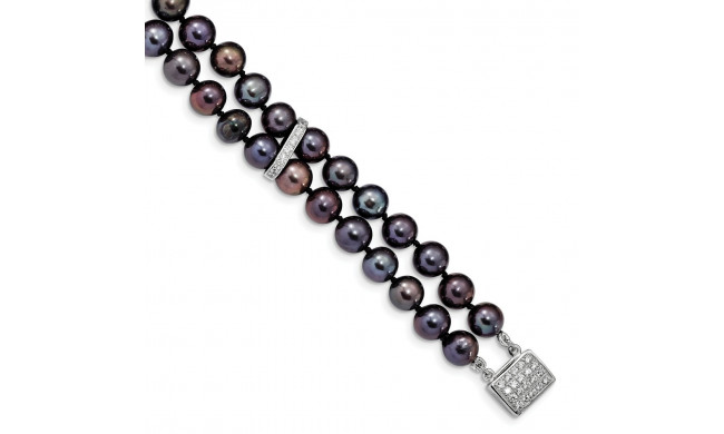 Quality Gold Sterling Silver RH 7-8mm Black FWC Pearl CZ 2-strand Bracelet - QH5420-7.5