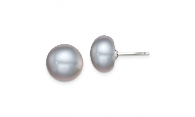 Quality Gold Sterling Silver 11-12mm Grey FW Cultured Button Pearl Stud Earrings - QE12680