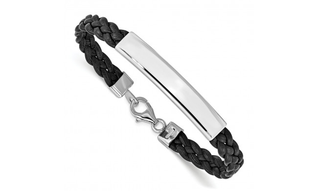 Quality Gold Sterling Silver Rhodium-plated Black Braided Leather Bracelet - QG1086-7