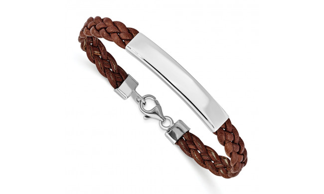 Quality Gold Sterling Silver Rhodium-plated Brown Braided Leather Bracelet - QG1087-7