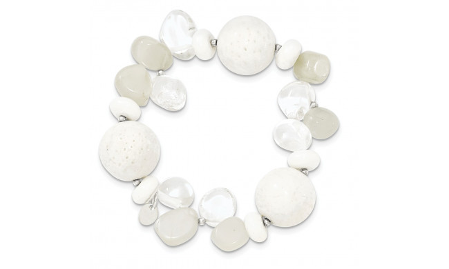 Quality Gold Sterling Silver Coral Jade Moonstone Rock Quartz Stretch Bracelet - QH4640