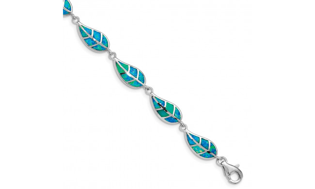 Quality Gold Sterling Silver Rhodium-plated  Blue Opal Inlay Leaf Bracelet - QG4823-7.5
