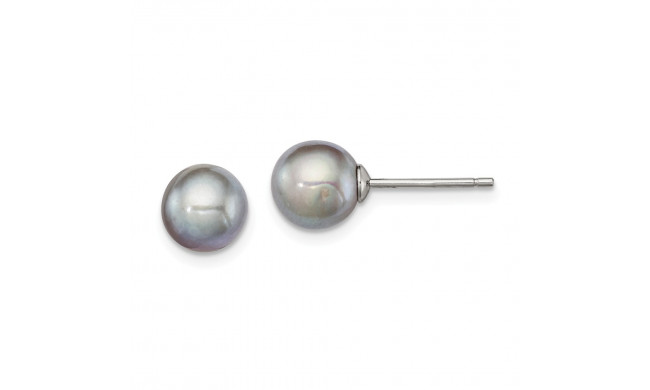Quality Gold Sterling Silver 7-8mm Grey FW Cultured Round Pearl Stud Earrings - QE12714