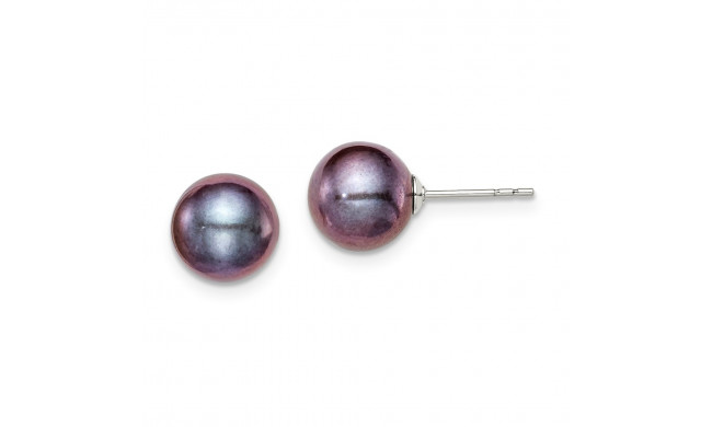 Quality Gold Sterling Silver 8-9mm Black FW Cultured Round Pearl Stud Earrings - QE12704