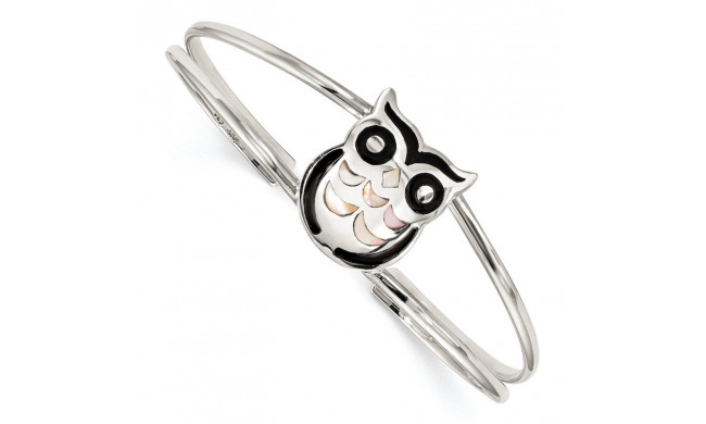Quality Gold Sterling Silver MOP and Onyx Owl Bangle Bracelet - QB1160