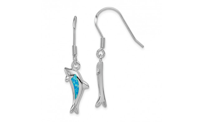 Quality Gold Sterling Silver  Blue Opal Inlay Dolphin Dangle Earrings - QE7442
