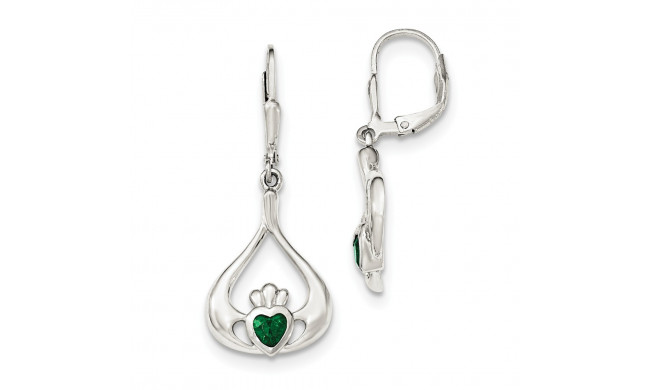 Quality Gold Sterling Silver Green CZ Heart Leverback Claddagh Dangle Earrings - QE12571