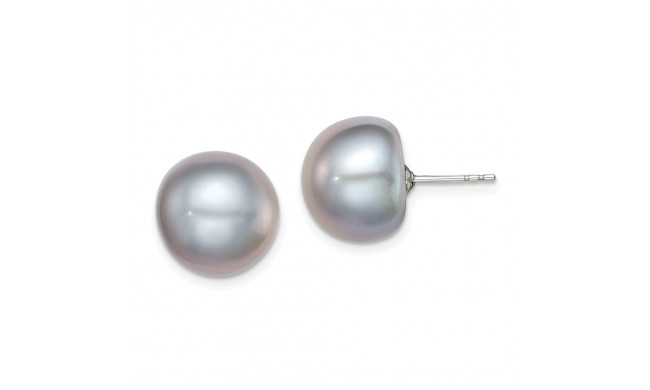Quality Gold Sterling Silver 12-13mm Grey FW Cultured Button Pearl Stud Earrings - QE12681