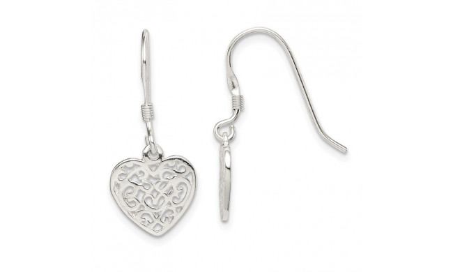 Quality Gold Sterling Silver Polished Filigree Heart Dangle Earrings - QE7001