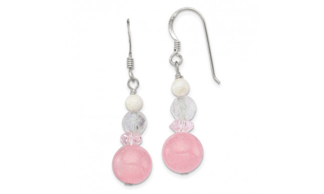 Quality Gold Sterling Silver Pink & White Crystal Jade Mother of Pearl Dangle Earrings - QE6326