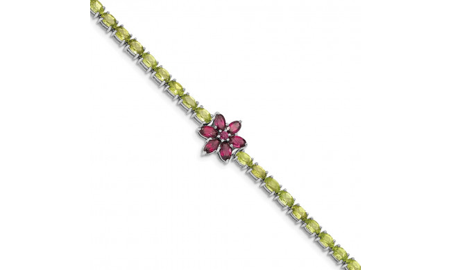 Quality Gold Sterling Silver Rhodium-plated Peridot & Rhodolite Flower Bracelet - QG4925-7.5