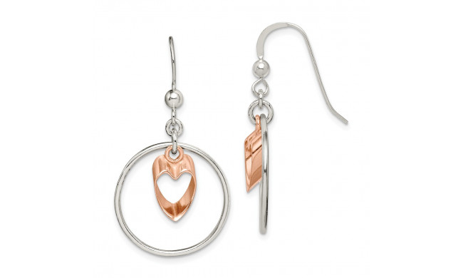 Quality Gold Sterling Silver Circle & Rose-tone Heart Dangle Earrings - QE14984