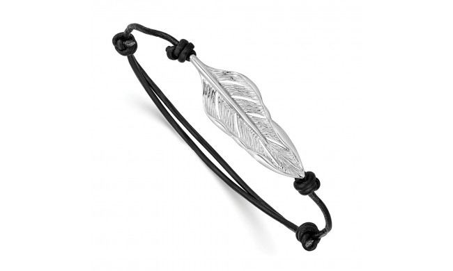 Quality Gold Sterling Silver Rhodium-plated Leaf Black Leather Adjustable Bracelet - QG3571