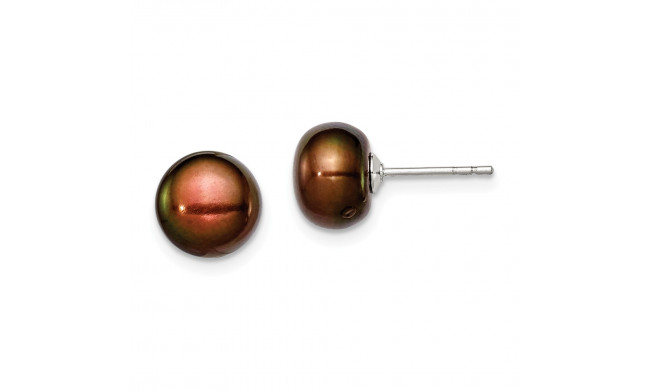 Quality Gold Sterling Silver 8-9mm Brown FW Cultured Button Pearl Stud Earrings - QE7683