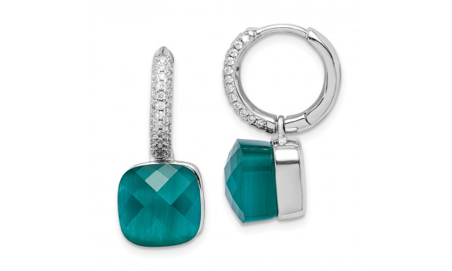 Quality Gold Sterling Silver Rhodium-plated CZ & Green Cat's Eye Hinged Hoop Earrings - QE15386
