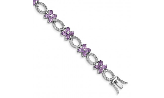 Quality Gold Sterling Silver Rhodium-plated Amethyst Flower & White Topaz Bracelet - QG4921-7.75