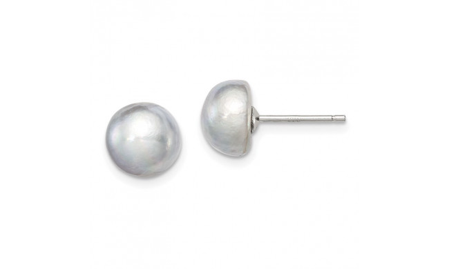 Quality Gold Sterling Silver 8-9mm Grey FW Cultured Button Pearl Stud Earrings - QE7670