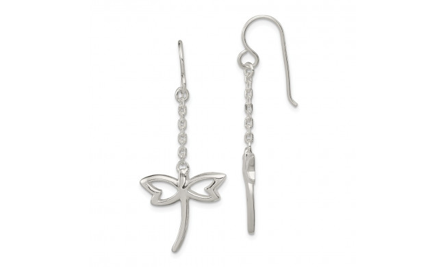 Quality Gold Sterling Silver Polished Dragonfly Dangle Shepherd Hook Earrings - QE12283