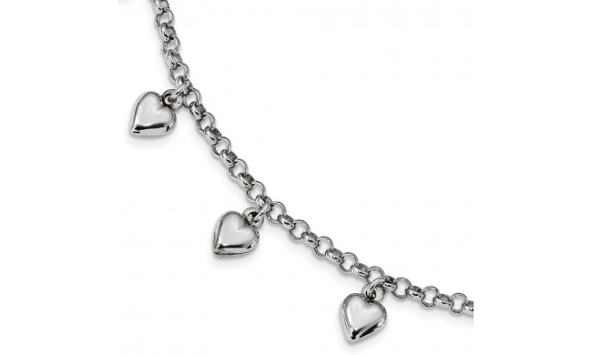 Quality Gold Sterling Silver Rhodium Plated Polished Puffed Heart Charm Bracelet - QG4598-7