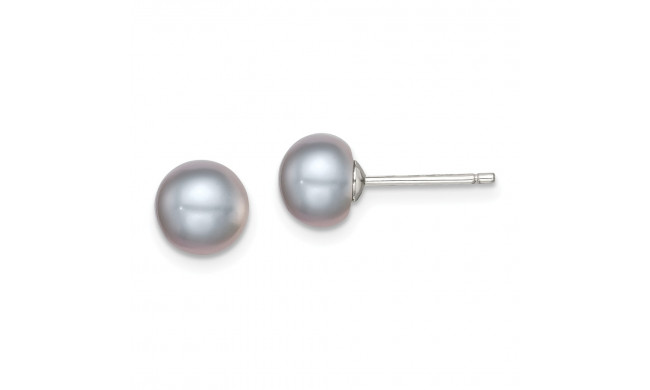 Quality Gold Sterling Silver 7-8mm Grey FW Cultured Button Pearl Stud Earrings - QE12678