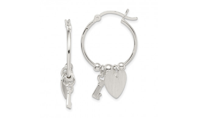 Quality Gold Sterling Silver Polished and Textured Key and Heart Hoop Earrings - QE8720