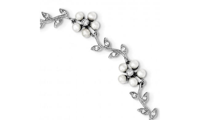 Quality Gold Sterling Silver Rhodium FW Cultured Pearl and CZ Floral Bracelet - QG1805-7