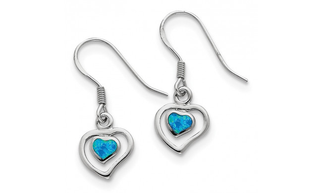 Quality Gold Sterling Silver  Blue Opal Inlay Center Heart Dangle Earrings - QE7437