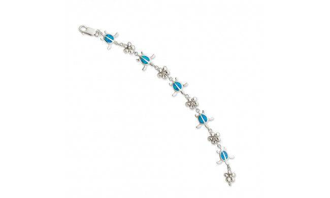 Quality Gold Sterling Silver 7in  Blue Opal Inlay Tortoise   Flower Bracelet - QG3114-7