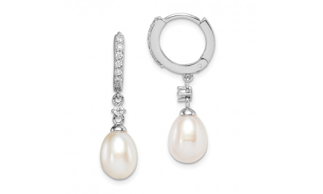 Quality Gold Sterling Silver Rhod-plat 7-8mm Rice FWC Pearl CZ Hoop Dangle Earrings - QE15358