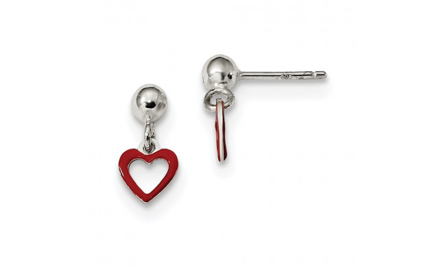 Quality Gold Sterling Silver Polished Red Enamel Heart Dangle Ball Post Earrings - QE13433