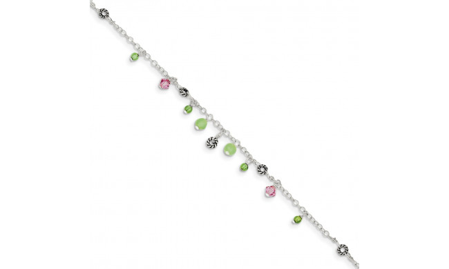 Quality Gold Sterling Silver Pink Crystal Green Quartz & Peridot Bead Ankle Bracelet - QG1401-9