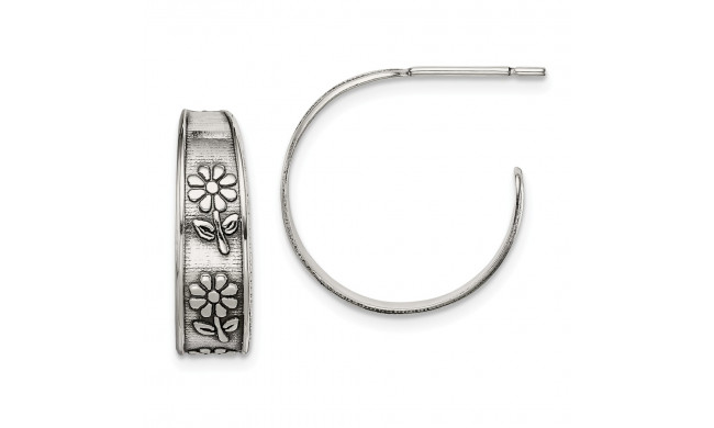 Quality Gold Sterling Silver Antiqued Flower Hoop Earrings - QE14694