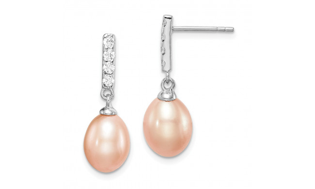 Quality Gold Sterling Silver Rhod-plat 8-9mm Pink FWC Pearl CZ Post Dangle Earrings - QE15360