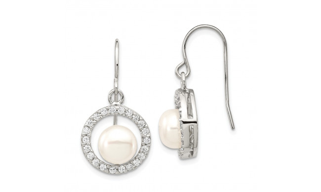 Quality Gold Sterling Silver 7-8mm White FW Cultured Pearl CZ Dangle Earrings - QE12769