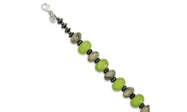 Quality Gold Sterling Silver Green Jade Serpentine and Hematite   Bracelet - QH5274-7