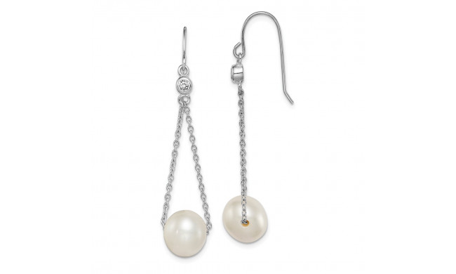 Quality Gold Sterling Silver Rhod-plat 9-10mm White FWC Pearl CZ Dangle Earrings - QE15293
