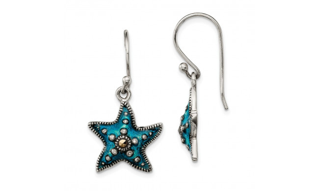 Quality Gold Sterling Silver Antiqued Blue Epoxy & Marcasite Star Dangle Earrings - QE13458