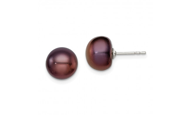 Quality Gold Sterling Silver 9-10mm Black FW Cultured Button Pearl Stud Earrings - QE12669