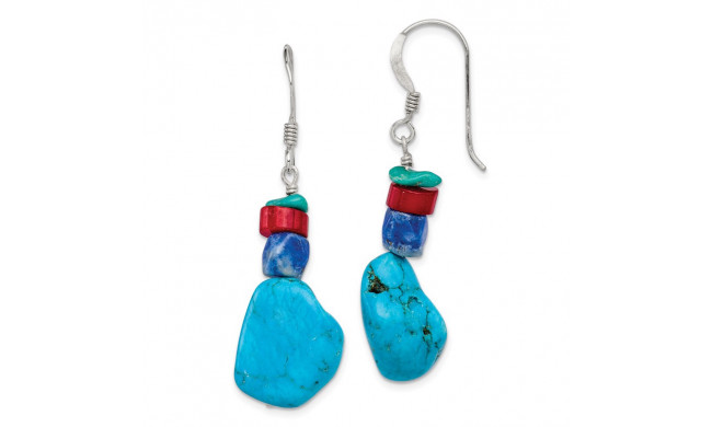 Quality Gold Sterling Silver Red Coral Howlite Lapis & Turquoise Dangle Earrings - QE6386