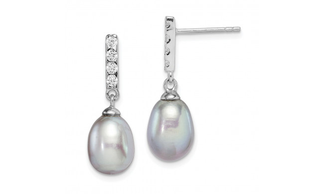 Quality Gold Sterling Silver Rhod-plat 8-9mm Grey FWC Pearl CZ Post Dangle Earrings - QE15359