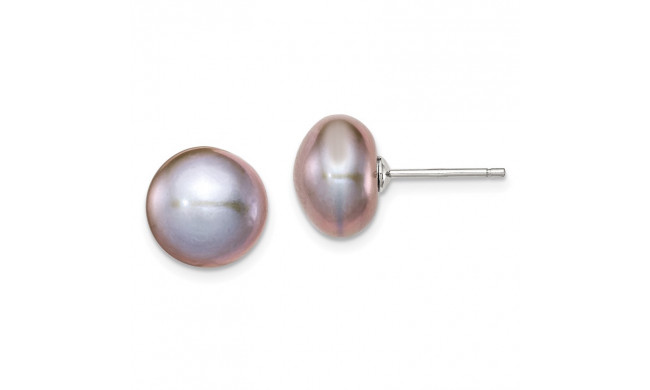 Quality Gold Sterling Silver 10-11mm Grey FW Cultured Button Pearl Stud Earrings - QE7669