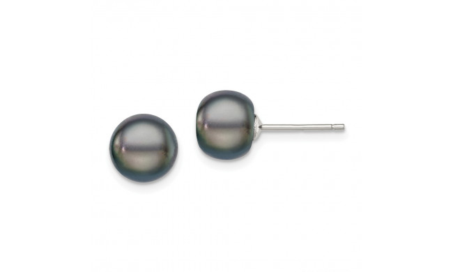 Quality Gold Sterling Silver 8-9mm Black FW Cultured Button Pearl Stud Earrings - QE7699