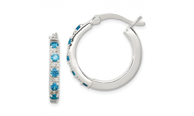 Quality Gold Sterling Silver Polished Blue and White CZ Hinged Hoop Earrings - QE12274